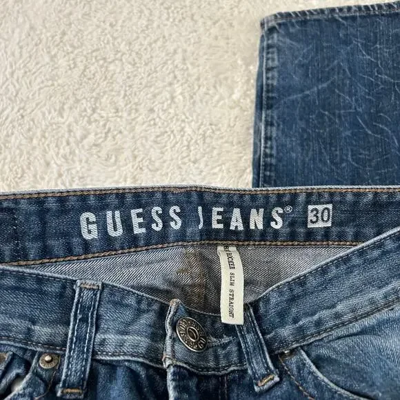 Guess Jeans Womens VTG Sz 30x 32 Blue Denim Brit Rocker Slim Straight Basic Jean - Picture 4 of 7